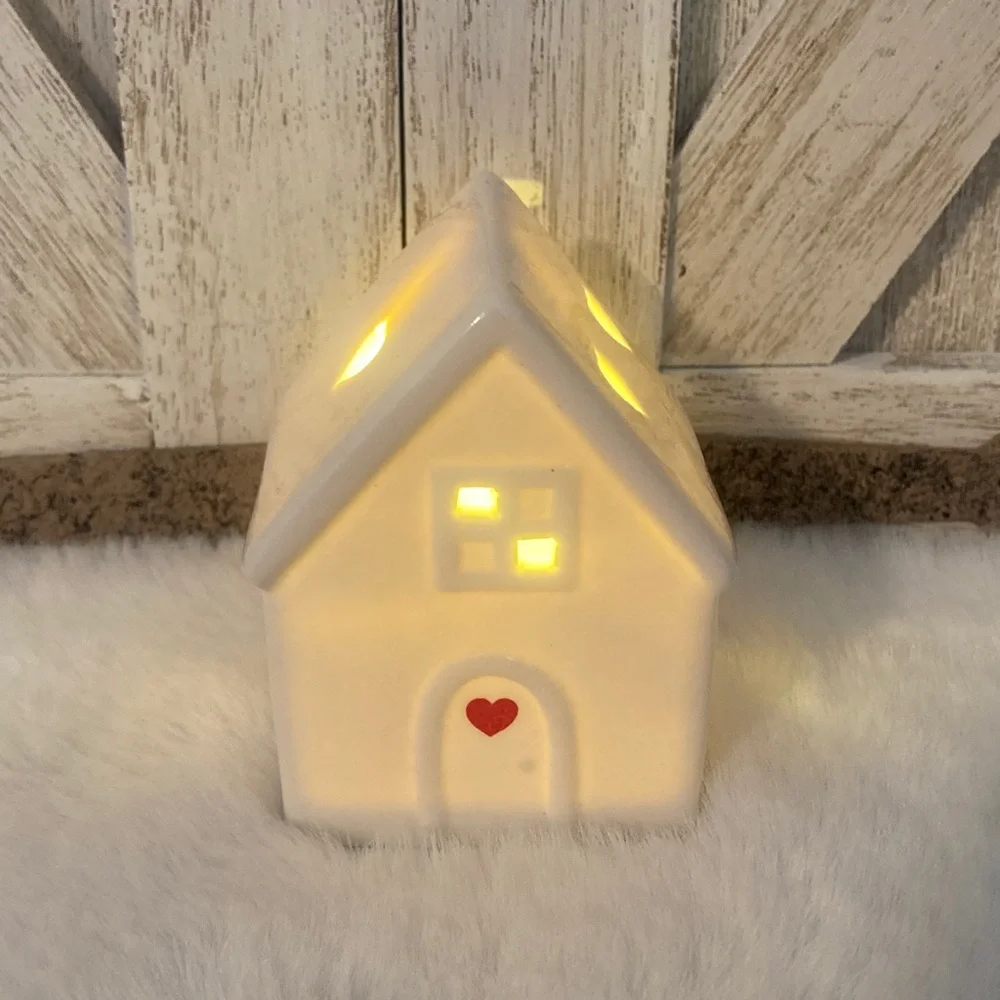 Mini Ceramic Holiday House with Heart Accent